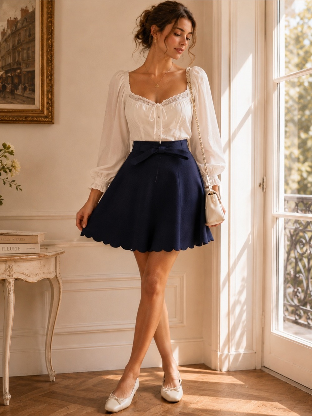 LN LUCY PARIS Navy High Waist Scalloped Skirt M Medium
